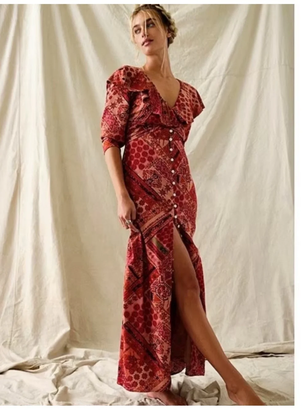 Free People Lennon Dress Maxi Primrose Viscose Combo Boho Ruffle
